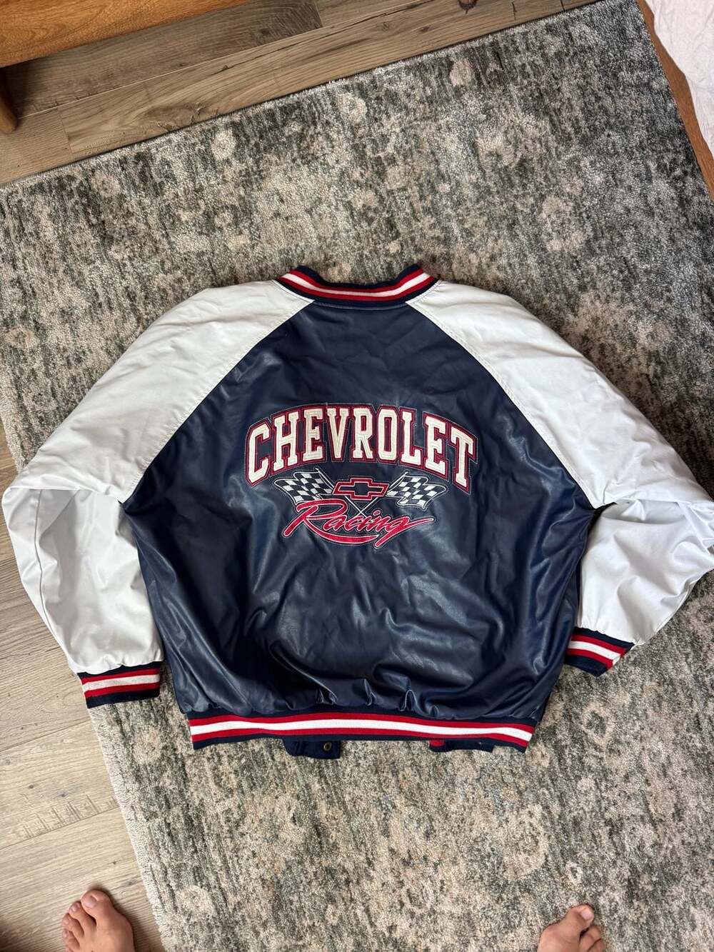 Steve & Barry's Chevrolet Racing Varsity Jacket Size XL Navy White Faux Leather